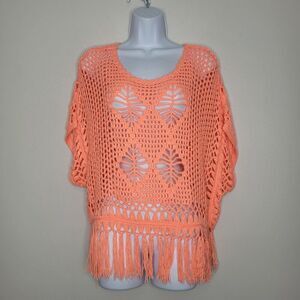 Almost Famous neon orange open knit fringe festival party sweater large